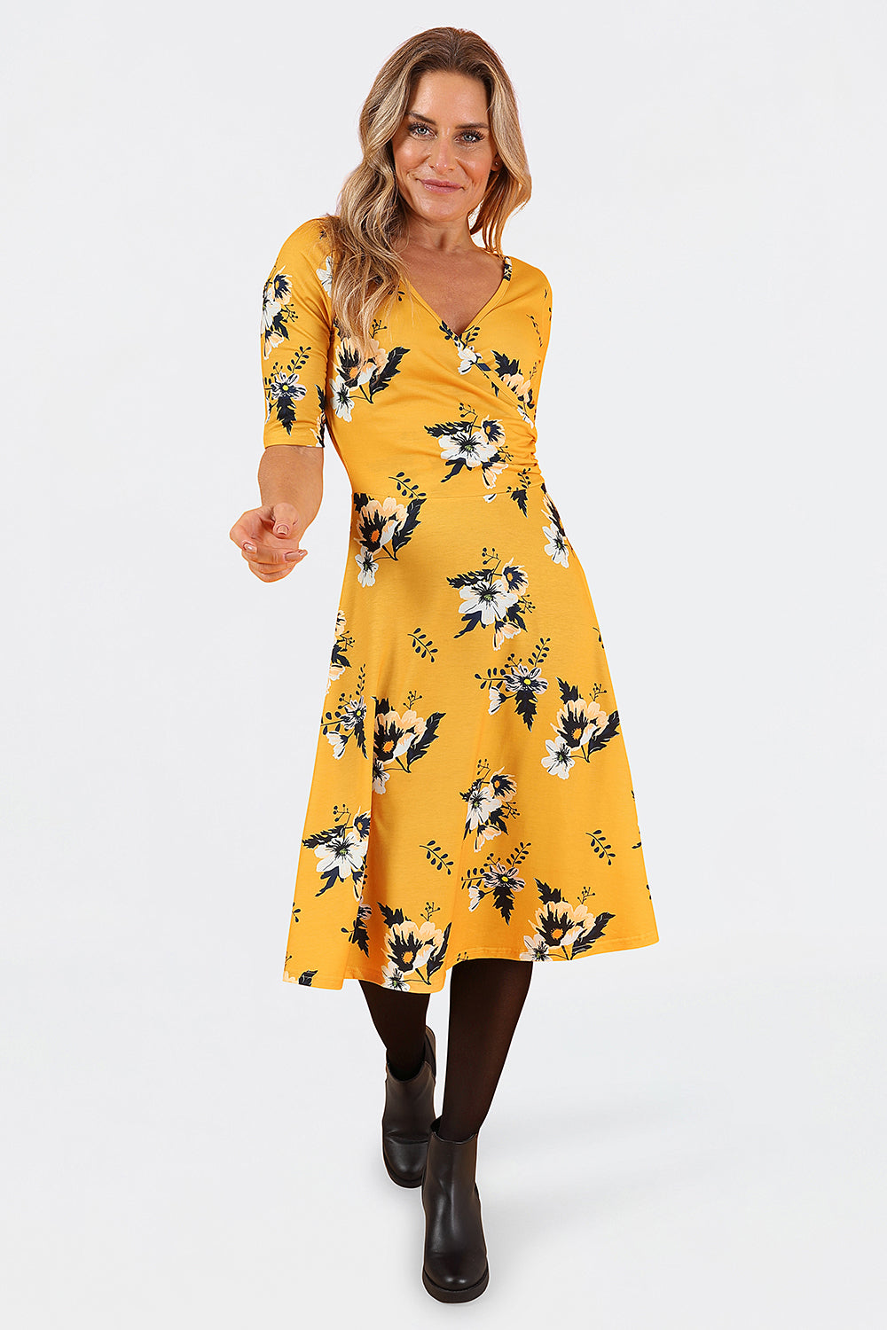 Betsy Mustard Floral Spring Dress Little Wings Factory