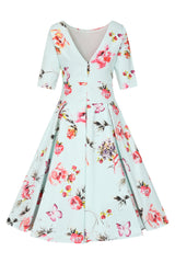 Liana Pastel Mint Roses Flare Dress