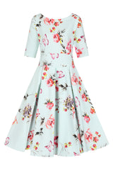 Liana Pastel Mint Roses Flare Dress