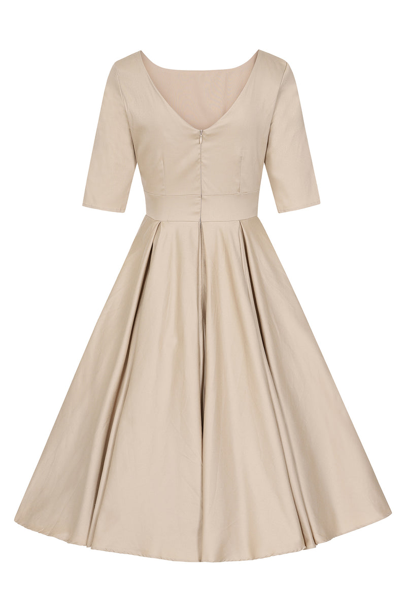 aldina fit and flare dress in champagne Beige Beaded Square Neck Metallic Fit And Flare Midi Dress