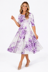 Liana Purple and White Florals Flare Dress
