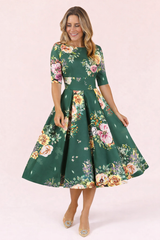 Liana Forest Green Roses All Over Flare Dress