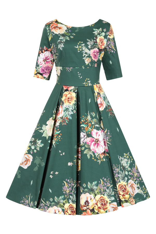 Liana Forest Green Roses All Over Flare Dress