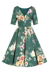 Liana Forest Green Roses All Over Flare Dress