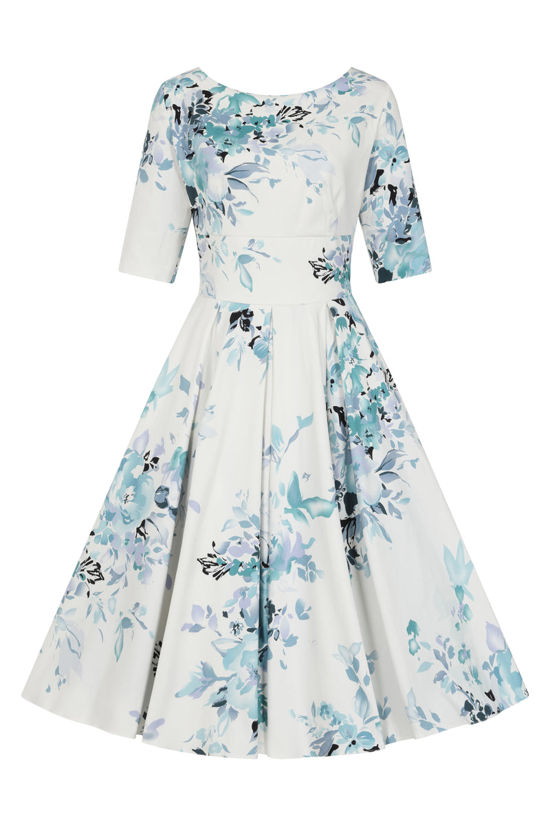 Liana Turquoise and White Florals Flare Dress