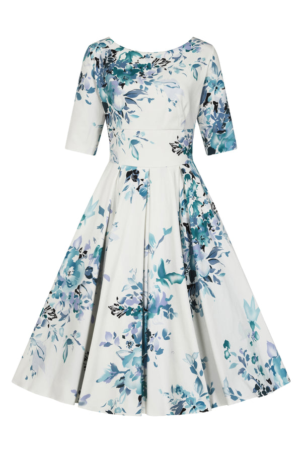 Liana Turquoise and White Florals Flare Dress