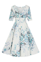 Liana Turquoise and White Florals Flare Dress
