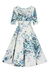 Liana Turquoise and White Florals Flare Dress