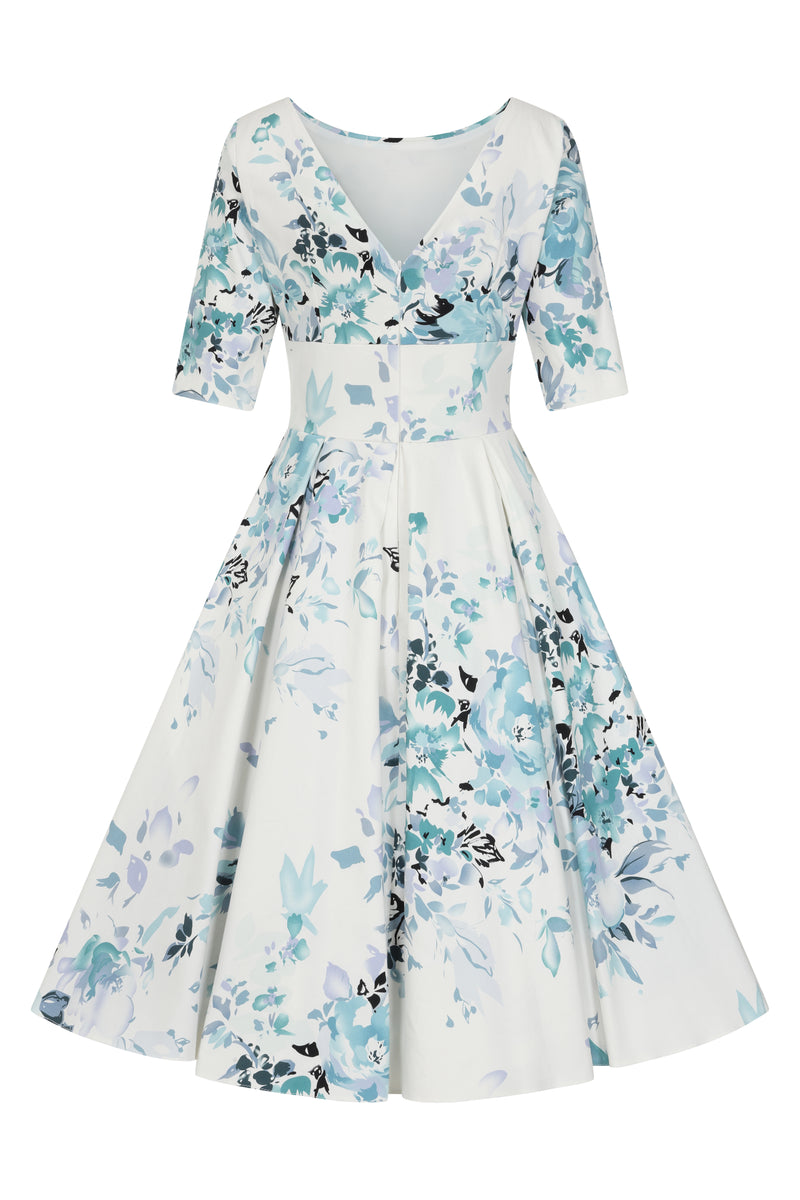 Liana Turquoise and White Florals Flare Dress