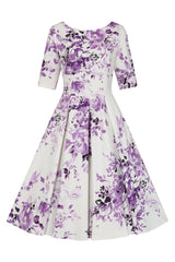 Liana Purple and White Florals Flare Dress