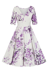Liana Purple and White Florals Flare Dress