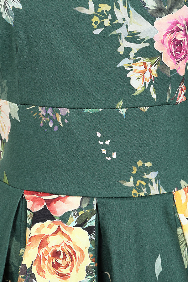 Liana Forest Green Roses All Over Flare Dress