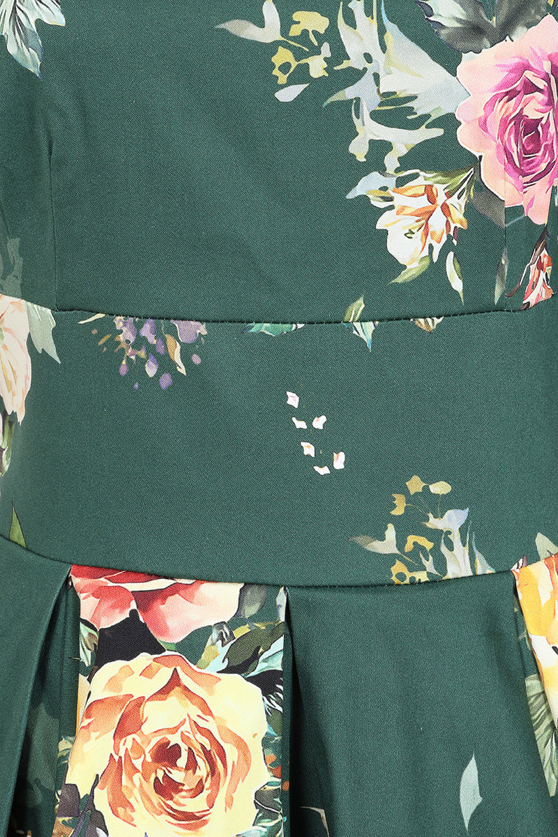 Liana Forest Green Roses All Over Flare Dress