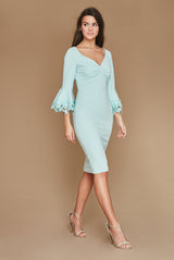 Mint Sleeved Midi Dress With Floral Sleeves