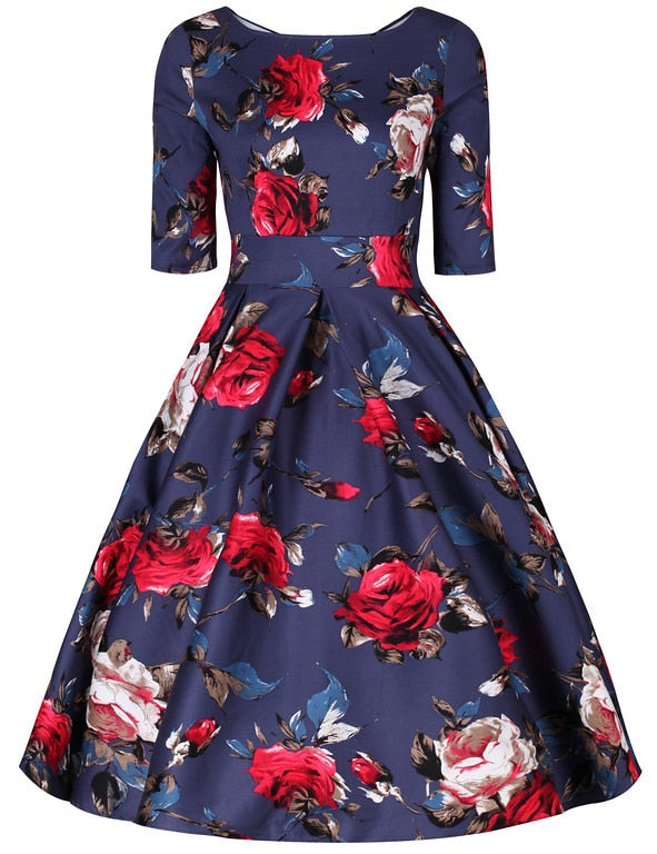 Liana Midnight Blue Rose Flare Dress Little Wings Factory Liana Midnight Blue Rose Flare Dress Little Wings Factory