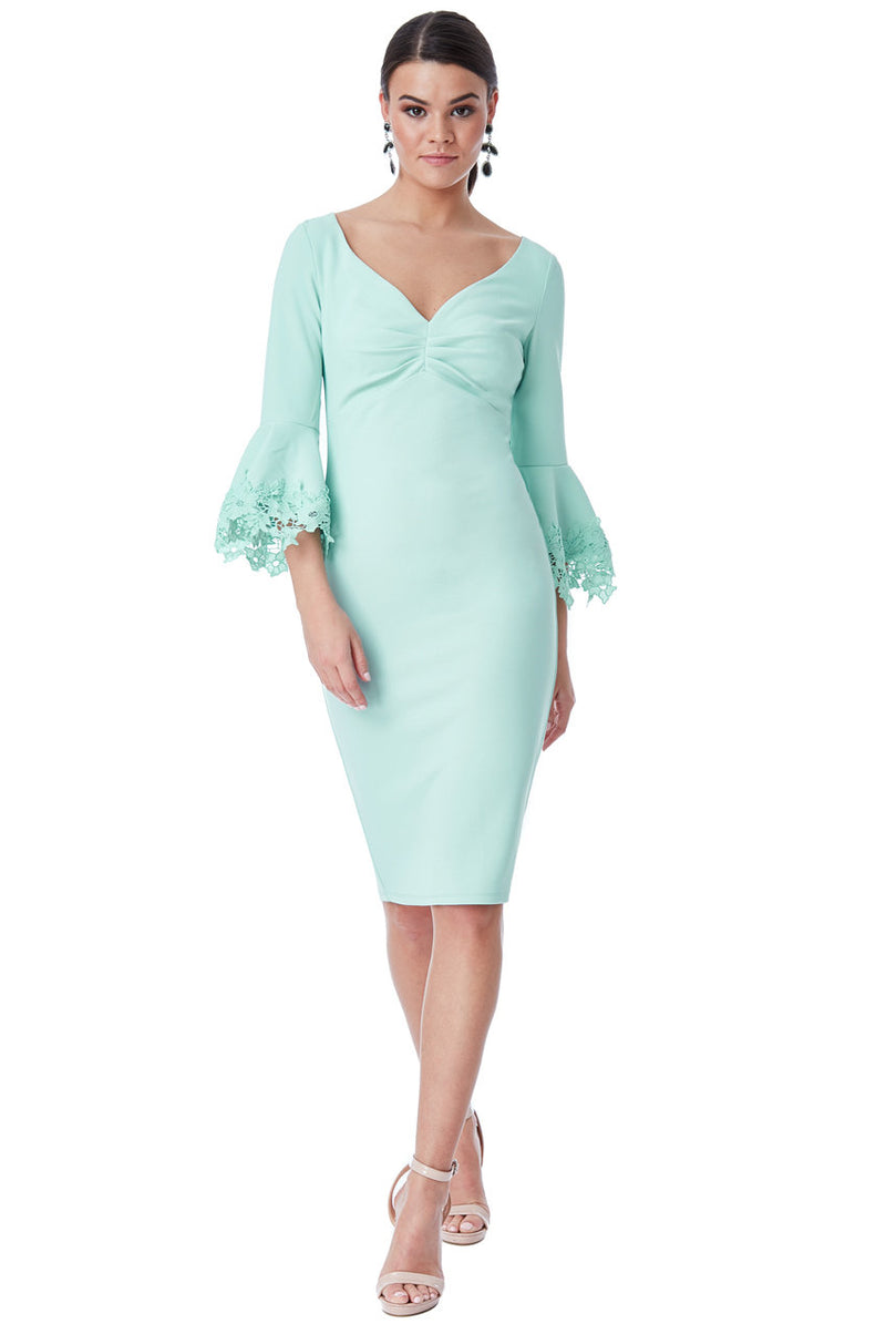 Mint Sleeved Midi Dress With Floral Sleeves