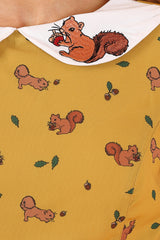 Mustard Squirrel Embroidered Dress