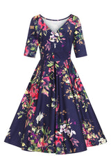 Liana Navy and Pink Florals Flare Dress