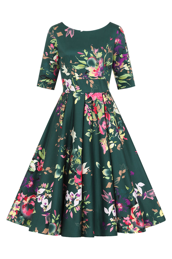 Liana Green and Pink Florals Flare Dress