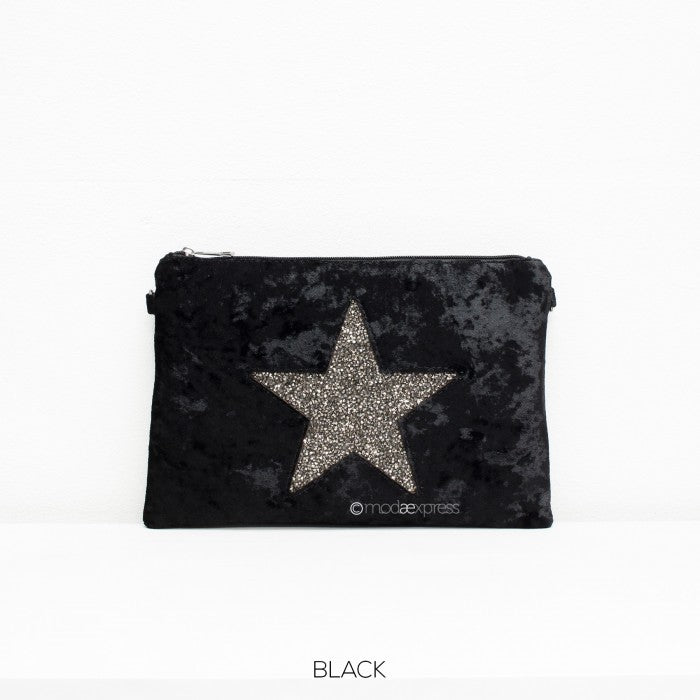 Velour Style Star Clutch bag in Black